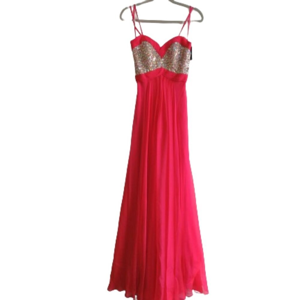 LA FEMME 18733 Beaded Bodice Chiffon Strapless Maxi Prom Dress Watermelon Sz 4